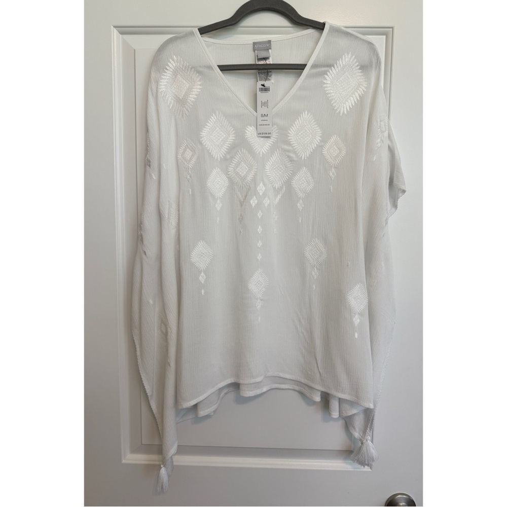 Chicos White Embroidered Women's Top Poncho Tassels S-M New
